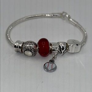 BaseBall Bed   Silver  / Glass Red Baseball Charm -6 
Bracelet